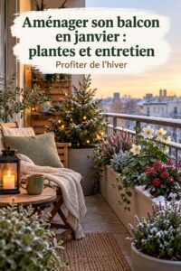 Un balcon aménagé avec des plantes d'hiver et des décorations chaleureuses pour janvier.