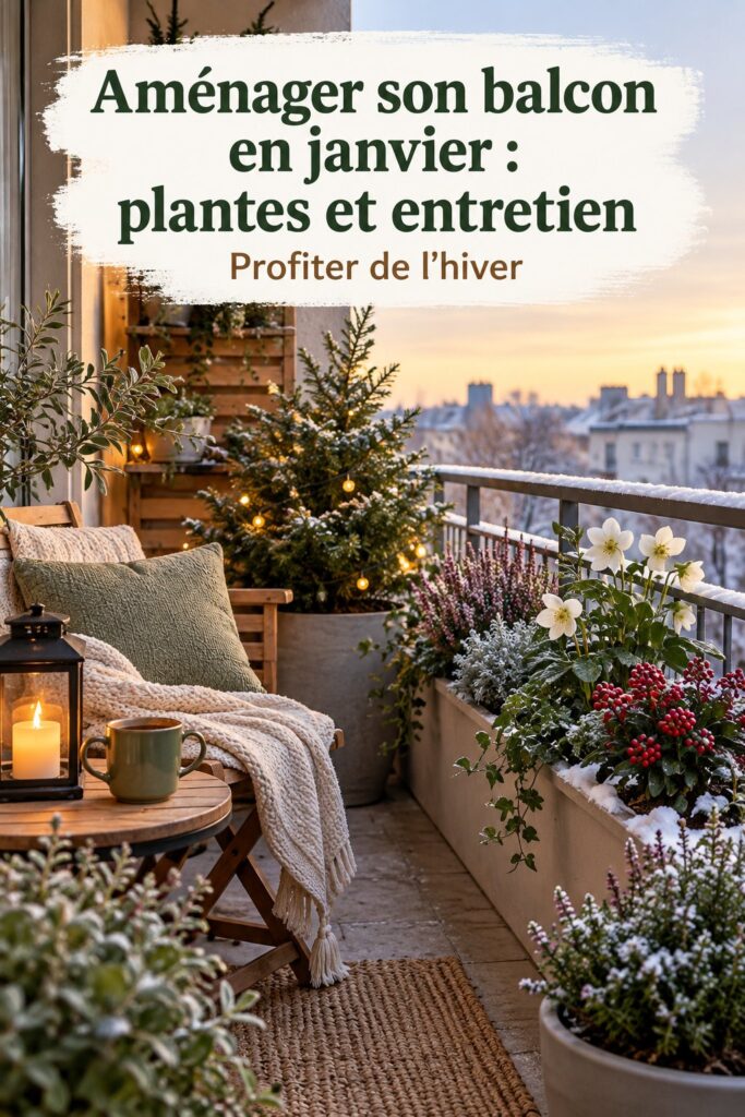 Un balcon aménagé avec des plantes d'hiver et des décorations chaleureuses pour janvier.