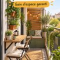 Un balcon étroit magnifiquement aménagé avec des plantes et des meubles pratiques.