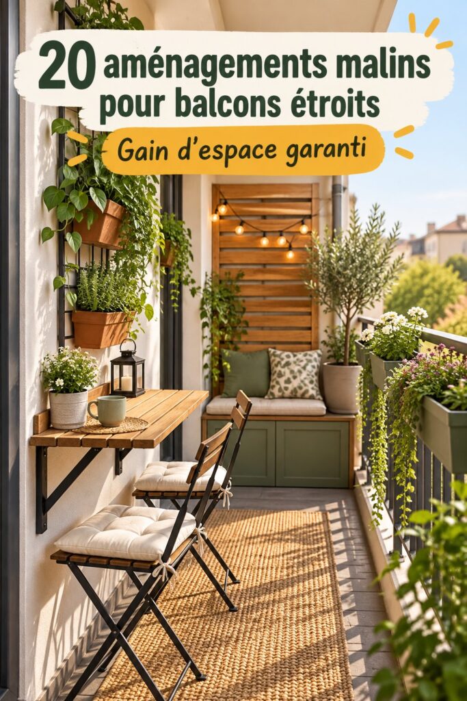 Un balcon étroit magnifiquement aménagé avec des plantes et des meubles pratiques.