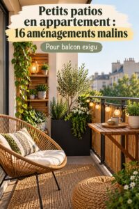Un petit patio d'appartement aménagé avec du mobilier confortable et des plantes nombreuses, créant un espace chaleureux.