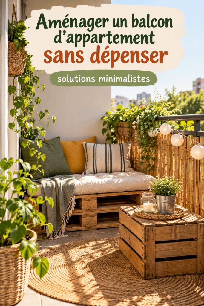 Balcon d'appartement aménagé avec des meubles simples et des plantes vertes.