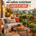 Balcon aménagé comme un salon extérieur avec des plantes et des fauteuils confortables.