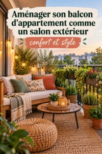 Balcon aménagé comme un salon extérieur avec des plantes et des fauteuils confortables.