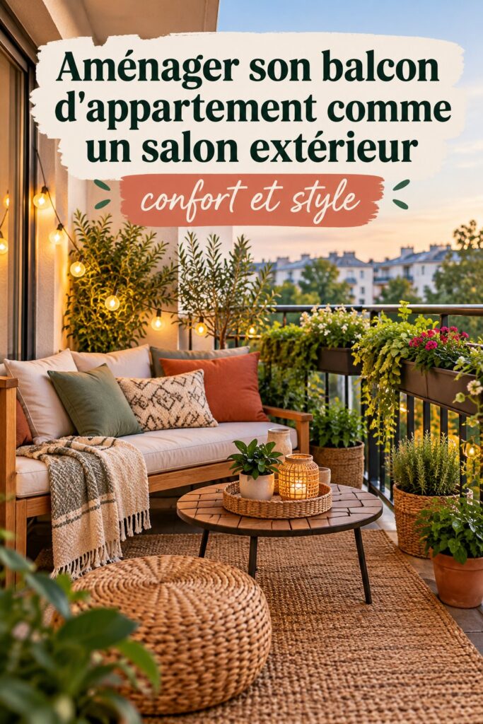 Balcon aménagé comme un salon extérieur avec des plantes et des fauteuils confortables.