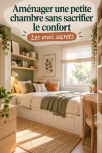Petite chambre cosy avec des couleurs claires et des meubles multifonctionnels pour un aménagement pratique.