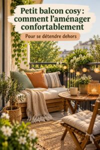 Petit balcon aménagé avec des meubles confortables et des plantes, créant une ambiance cosy.