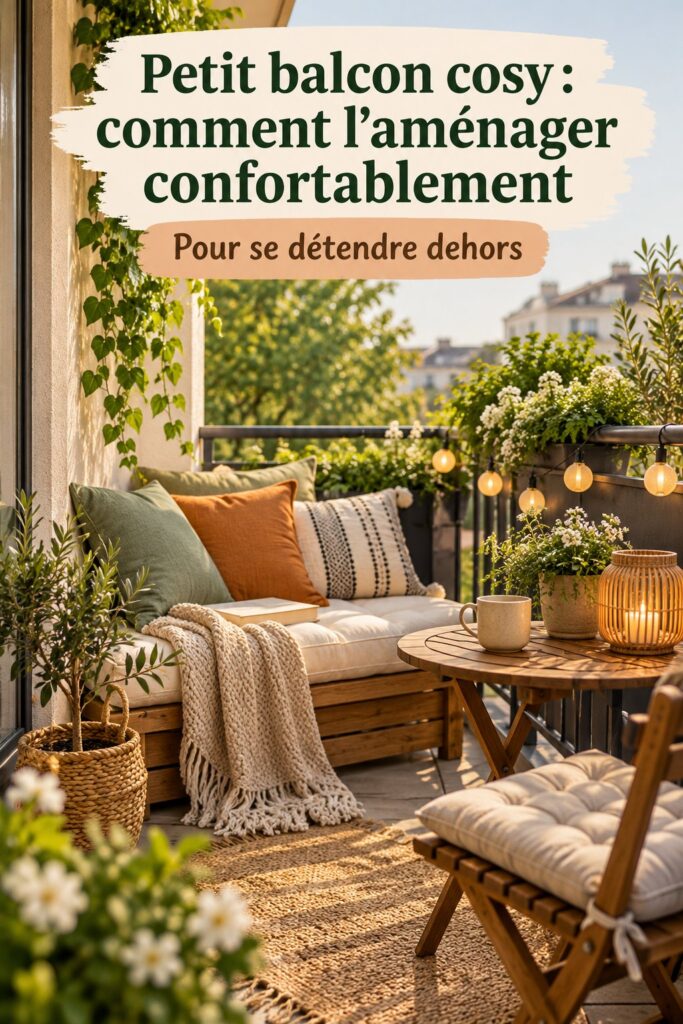 Petit balcon aménagé avec des meubles confortables et des plantes, créant une ambiance cosy.