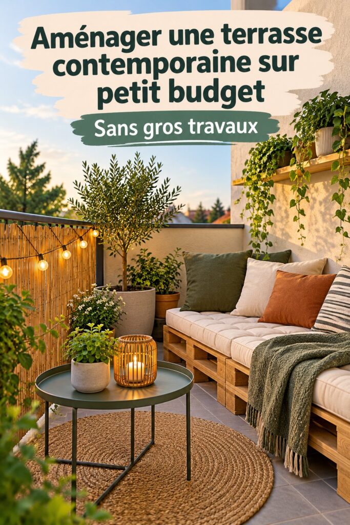 Terrasse contemporaine aménagée avec des meubles modernes et des plantes à petit prix.