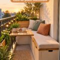 Petit balcon avec un banc intégré en bois et des plantes décoratives