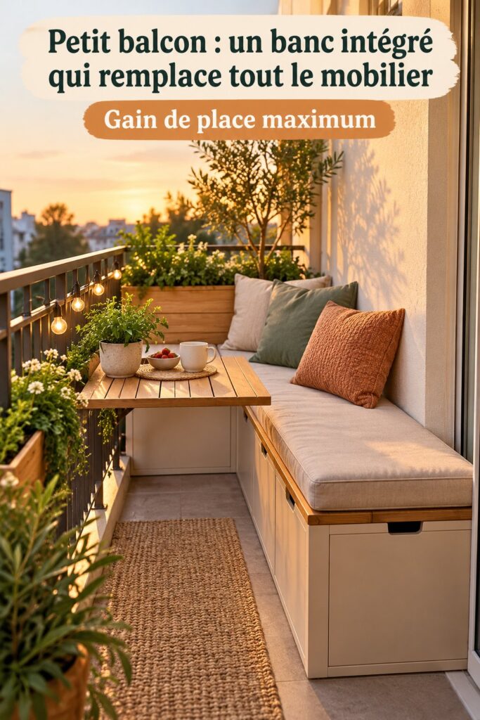 Petit balcon avec un banc intégré en bois et des plantes décoratives