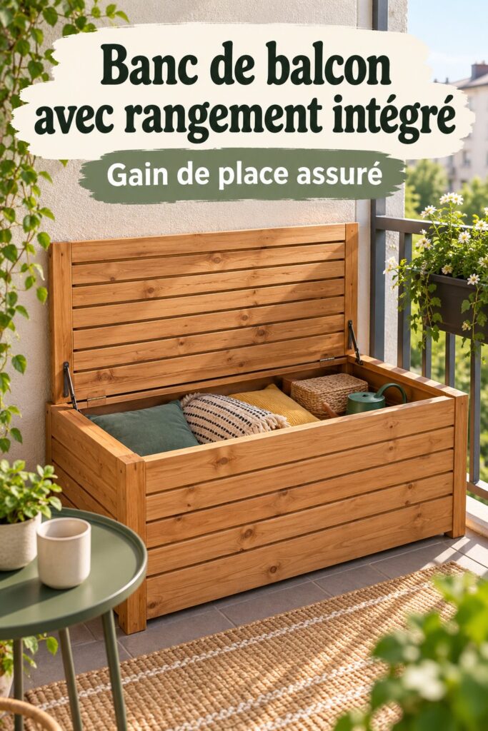 Un balcon décoré avec une bank d'extérieur alliant style et rangement.