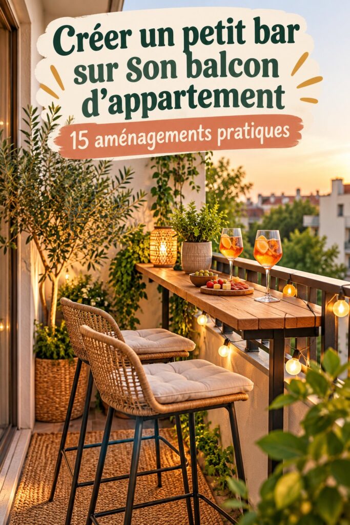 Un balcon d'appartement transformé en bar sympathique avec des chaises et une petite table.