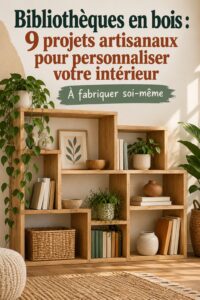 Bibliothèque en bois artisanale décorée dans un intérieur chaleureux