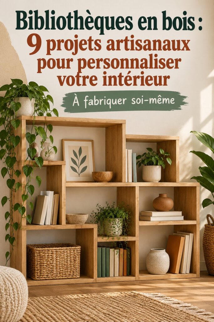Bibliothèque en bois artisanale décorée dans un intérieur chaleureux