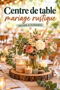 Centre de table mariage rustique avec des fleurs et des éléments naturels