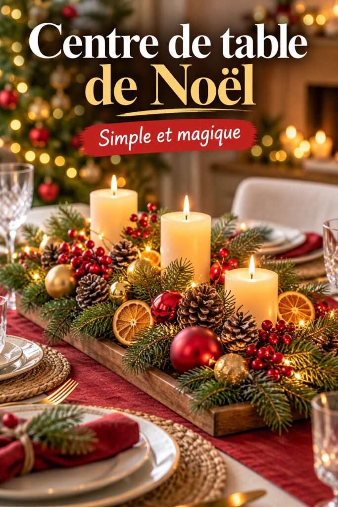 Un centre de table de Noël chaleureux avec des bougies et des décorations festives