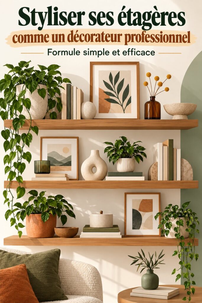 Étagères décoratives bien stylisées avec des objets variés et colorés.