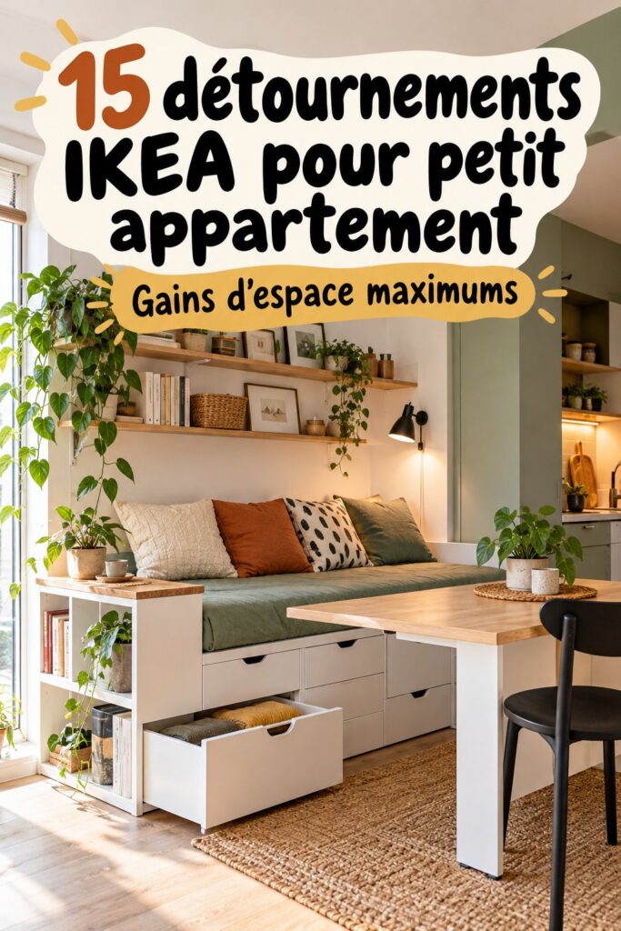 Intérieur de petit appartement avec des meubles IKEA détourés de manière créative.