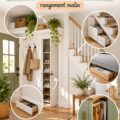 Une femme range astucieusement des objets dans un petit espace de rangement sous l'escalier.
