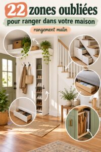Une femme range astucieusement des objets dans un petit espace de rangement sous l'escalier.