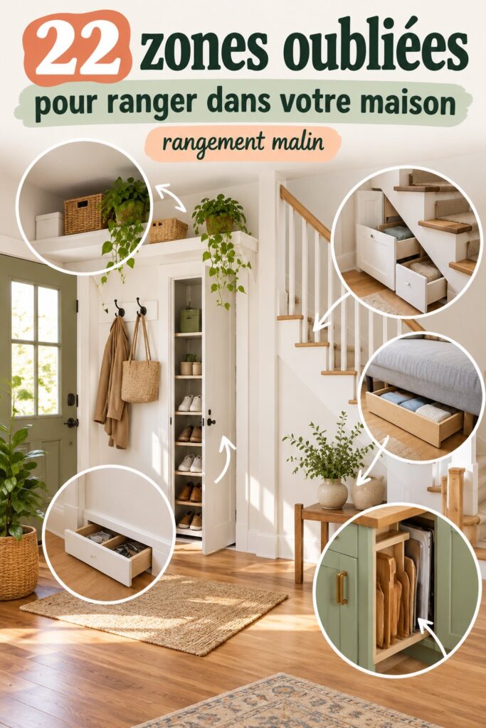 Une femme range astucieusement des objets dans un petit espace de rangement sous l'escalier.