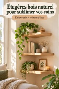 Etagères en bois modernes et naturelles dans un coin de salon accueillant