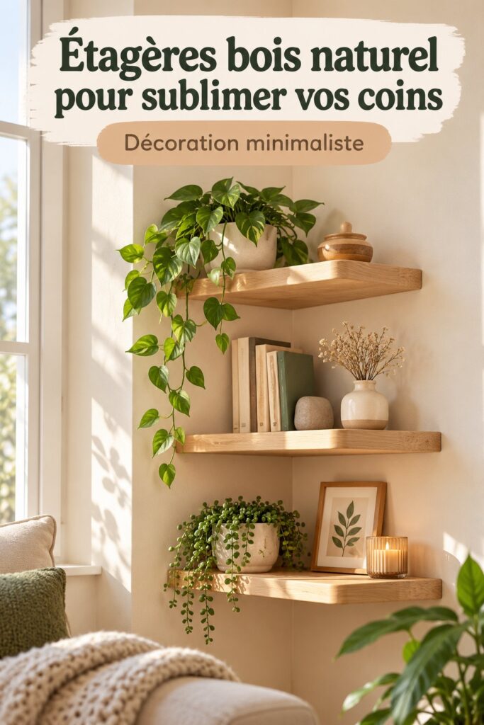 Etagères en bois modernes et naturelles dans un coin de salon accueillant