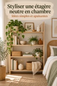 Une étagère de chambre joliment décorée avec des objets neutres, créant une ambiance apaisante et relaxante.