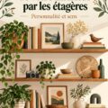 Étagères décoratives dans un salon avec divers objets racontant une histoire.