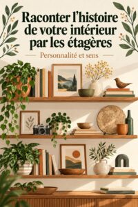 Étagères décoratives dans un salon avec divers objets racontant une histoire.