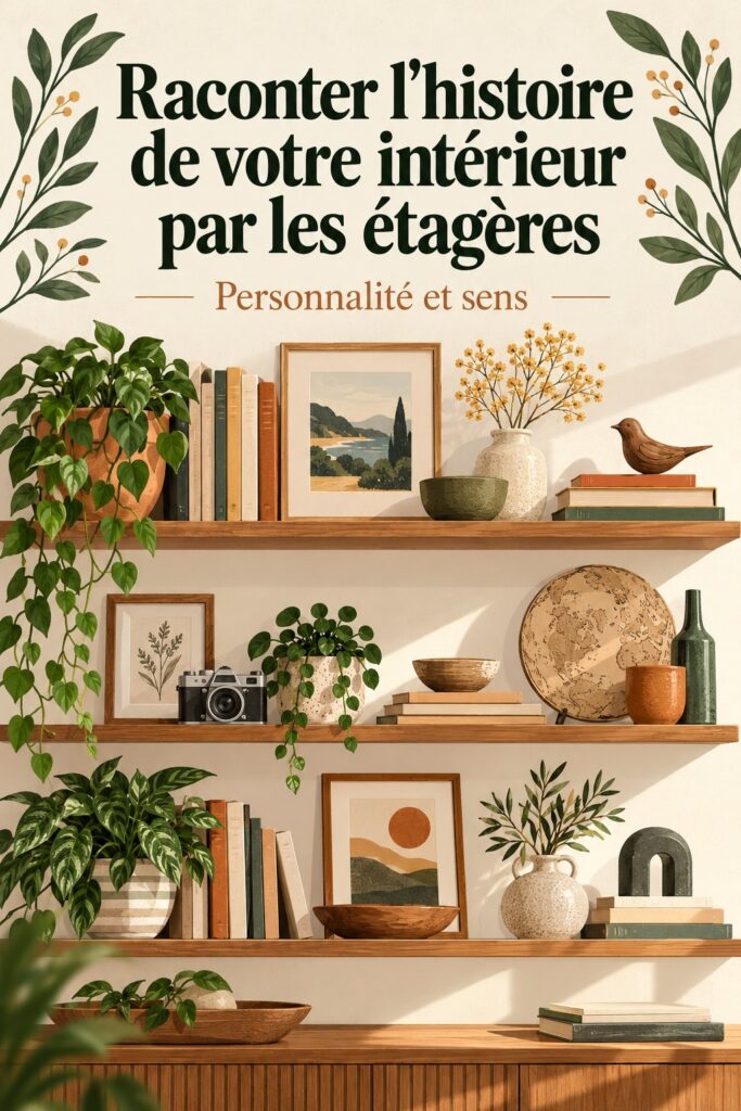 Étagères décoratives dans un salon avec divers objets racontant une histoire.