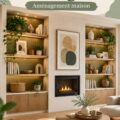 Salon avec une élégante bibliothèque sur mesure en bois