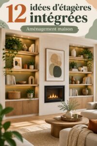 Salon avec une élégante bibliothèque sur mesure en bois
