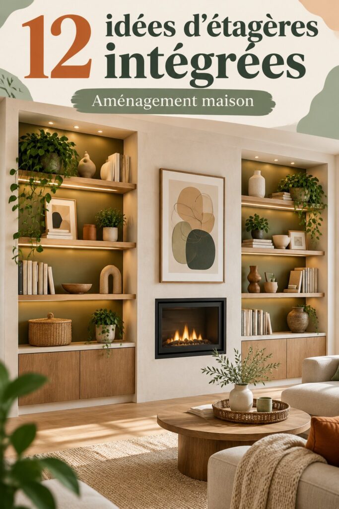 Salon avec une élégante bibliothèque sur mesure en bois