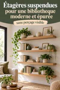 Étagères suspendues dans une bibliothèque moderne et épurée.