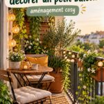 Petit balcon décoré avec des plantes et des meubles cosy, reflétant un espace accueillant.