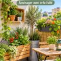 Petit jardin DIY avec des plantes colorées en pots sur un balcon.
