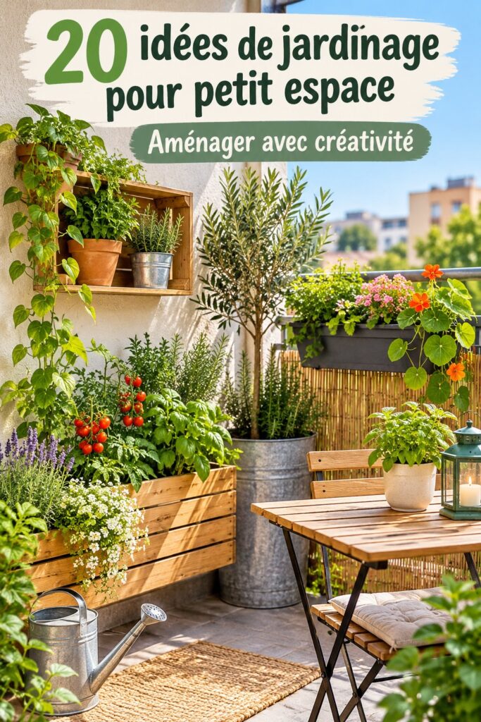 Petit jardin DIY avec des plantes colorées en pots sur un balcon.