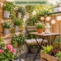 Jardin miniature accessible sur un balcon avec des plantes variées et colorées.