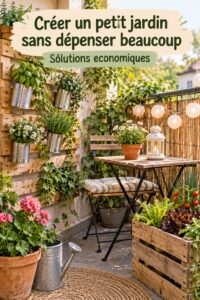Jardin miniature accessible sur un balcon avec des plantes variées et colorées.