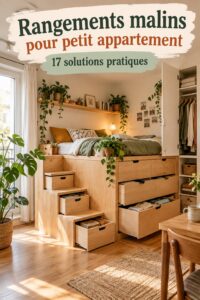 Un coin salon organisé avec des rangements astucieux dans un petit appartement.