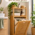 Meuble de rangement en bambou élégamment placé dans une salle de bain