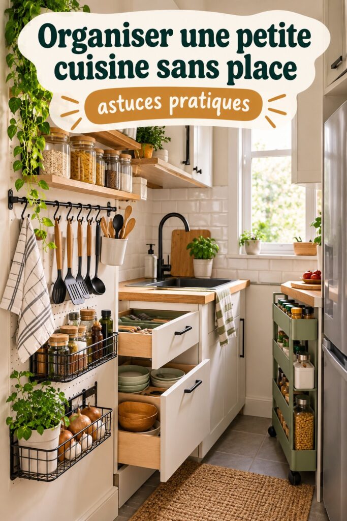 Petite cuisine bien organisée avec des solutions de rangement pratiques