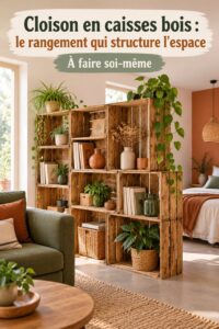 Paravent en caisses en bois décorant un salon chaleureux et accueillant.