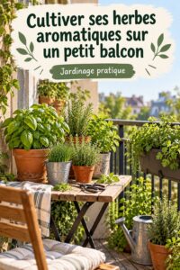 Balcon aménagé avec des pots d'herbes aromatiques variées
