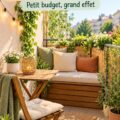 Un balcon décoré avec des plantes et des meubles confortables.