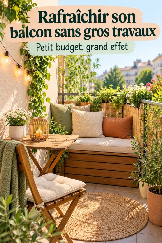 Un balcon décoré avec des plantes et des meubles confortables.
