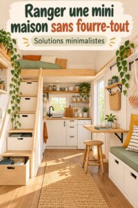 Intérieur d'une mini maison avec des solutions de rangement astucieuses et fonctionnelles.