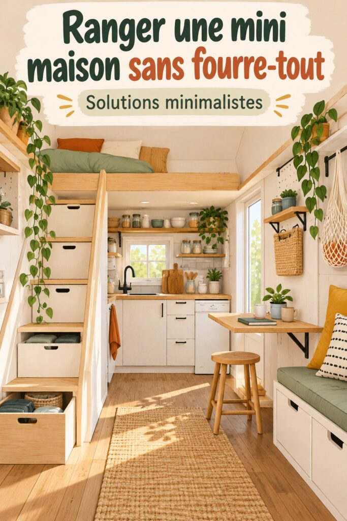 Intérieur d'une mini maison avec des solutions de rangement astucieuses et fonctionnelles.